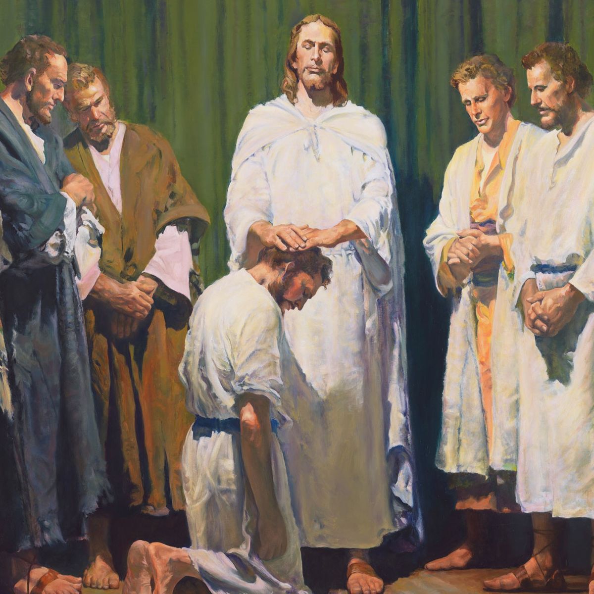 Painting of Jesus Christ laying hands on a disciple, surrounded by others